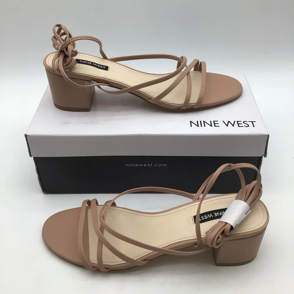 Nine West Aloud 3 Natural Strappy Ankle Tie Block Heel Sandals Size 10 M NEW